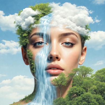 The primary subject of the image is a woman with a waterfall coming out of her head. The setting is a lush green forest, and the visual style is a digital art illustration. The dominant colors are blue and green, creating a serene and natural atmosphere.